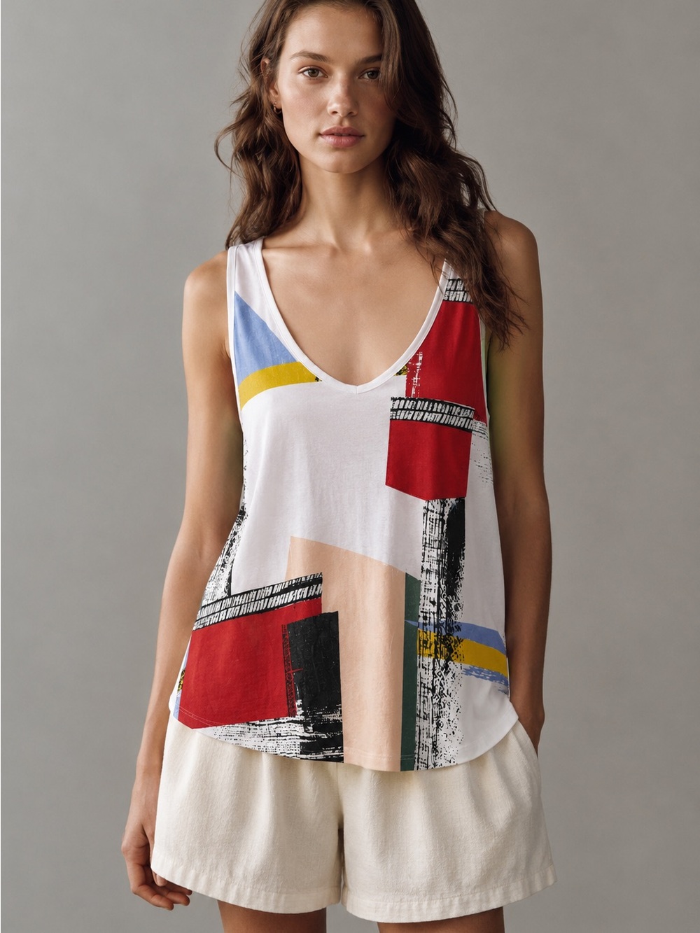 Babaton Abstract Print V-Neck Tank Top in White and Multicolor